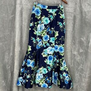 High Waist Blue Floral Prom Skirt Mermaid Maxi Navy Green Formal Size 5 Elegant